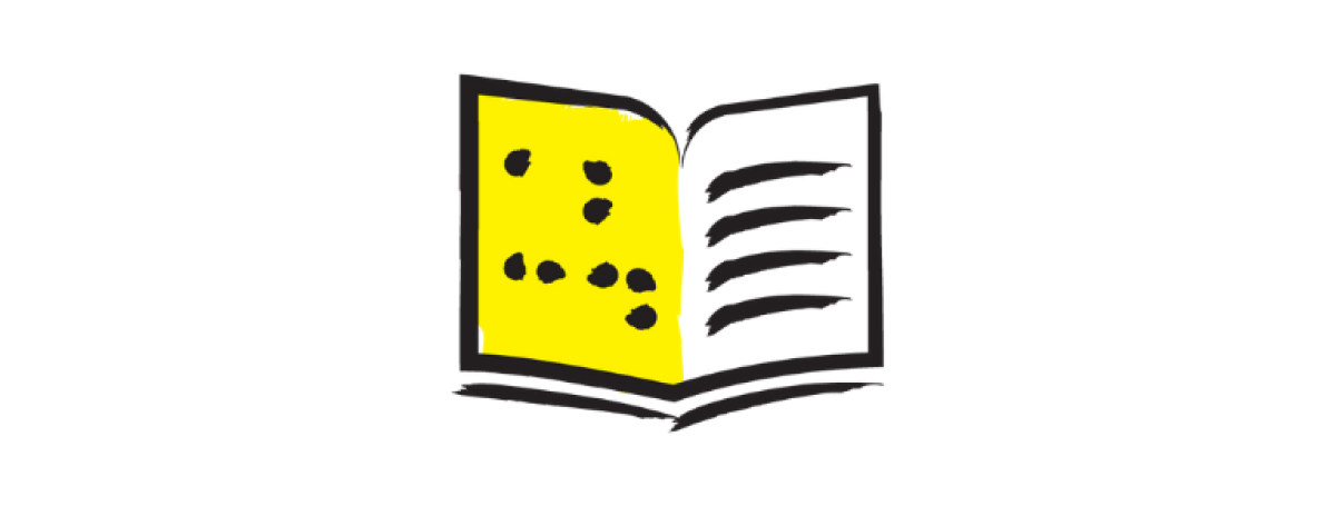 An illustration of a braille book outlined in a black paintbrush style design with yellow accents.