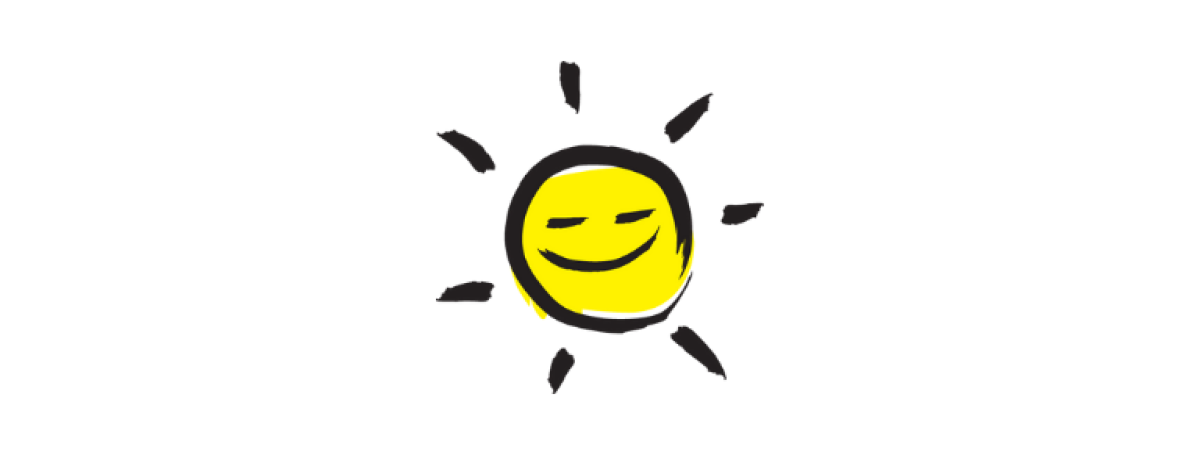 An illustration of a smiling sunshine icon outlined in a black paintbrush style design. A dash of yellow paint appears on the centre of the sunshine. 