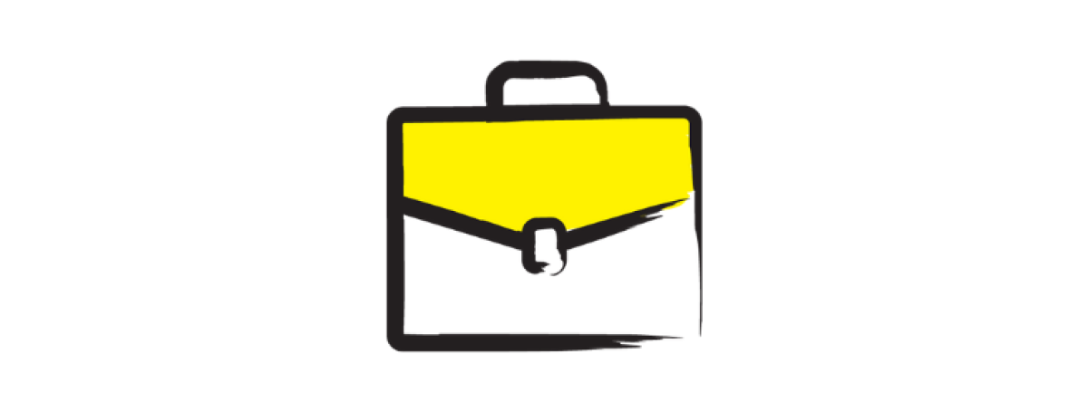 An illustration of a briefcase outlined in a black paintbrush style design with yellow accents.