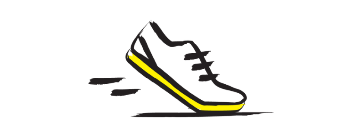 An illustration of a running shoe in motion outlined in a black paintbrush style design with yellow accents.