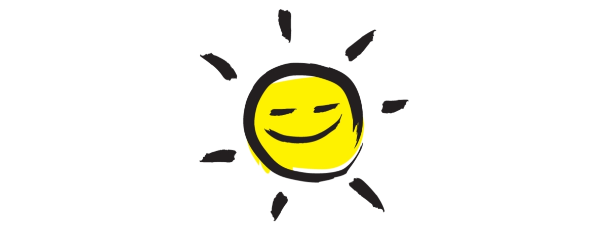 An illustration of a smiling sunshine icon outlined in a black paintbrush style design with yellow accents.