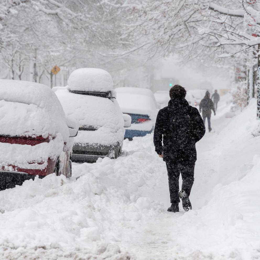 A residential street, sidewalks, and parked cars are covered in snow. A man walks down a snow-covered sidewalk.