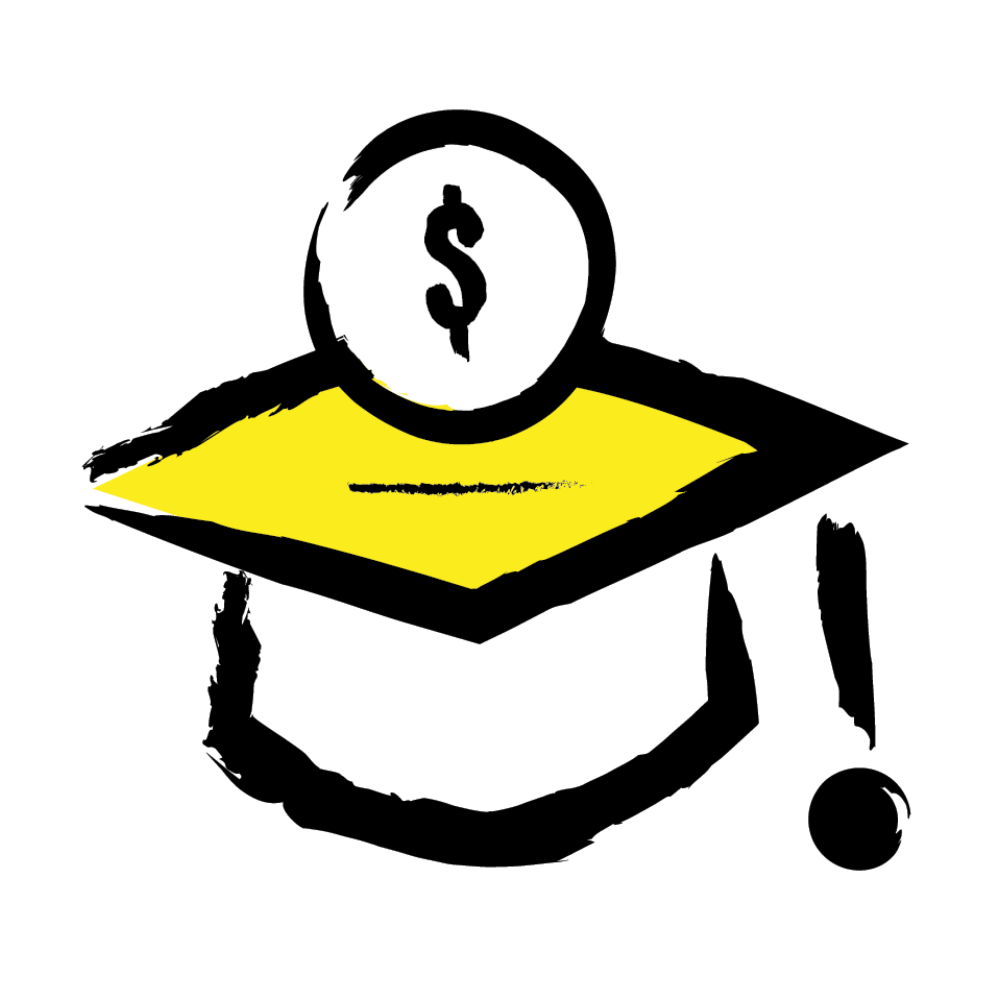 An illustration of a graduation cap with a dollar sign floating above the cap. The cap icon is outlined in a black paintbrush style design with yellow accents. 