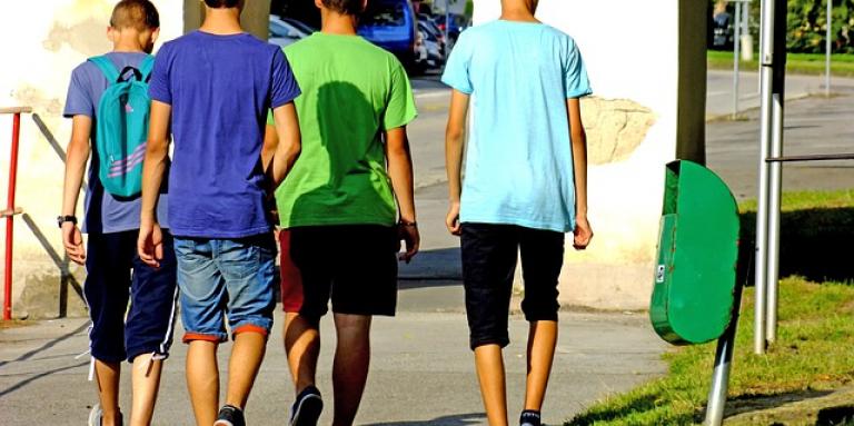 The backs of a group of 4 teenage boys as they walk off to school.