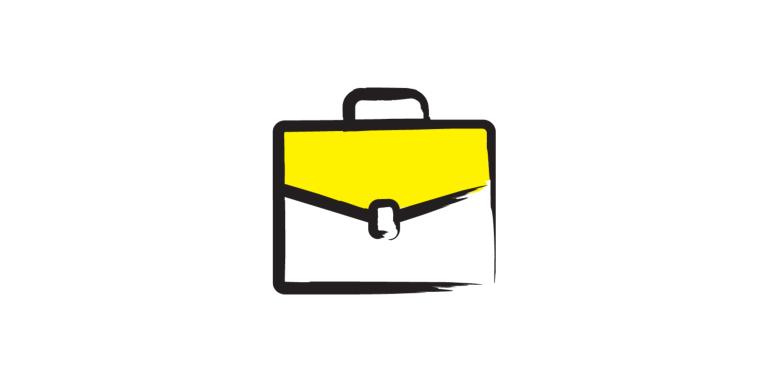 An illustration of a briefcase outlined in a black paintbrush style design with yellow accents.