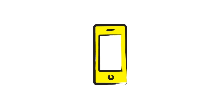 An illustration of a smartphone outlined in a black paintbrush style design. A dash of yellow paint appears on the phone.