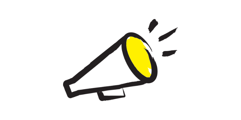 An illustration of a megaphone outlined in a black paintbrush style design with yellow accents.