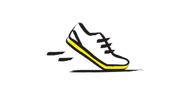 An illustration of a running shoe in motion outlined in a black paintbrush style design with yellow accents.