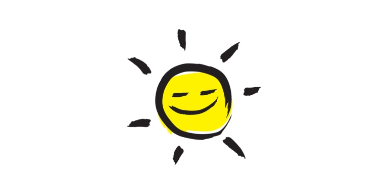 An illustration of a smiling sunshine icon outlined in a black paintbrush style design with yellow accents.