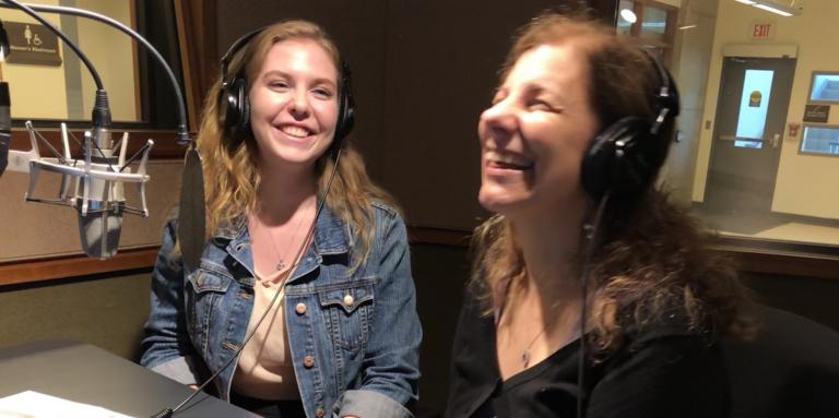 CNIB's Jacklyn Gilmor and entrepreneur Pina D'Intino laugh as they record a podcast in the CNIB studio.