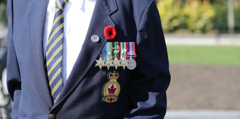 Military personnel. A navy jacket with military pins, badges and a poppy on the lapel. 