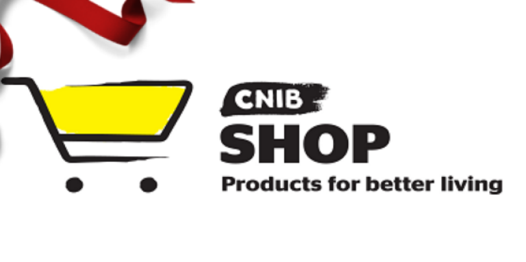 Shop CNIB logo next to a red bow