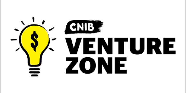 Illustration of the Venture Zone Game logo, which displays a bright yellow lightbulb with a dollar sign placed over it next to the words “CNIB Venture Zone”.