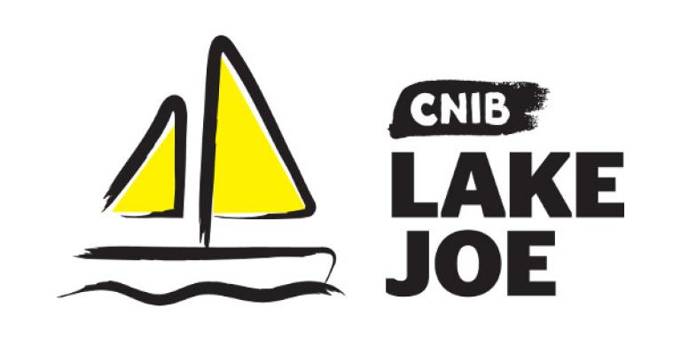 CNIB Lake Joe logo. An illustration/outline of a sail boat. "CNIB Lake Joe" text in simulated black brush strokes.
