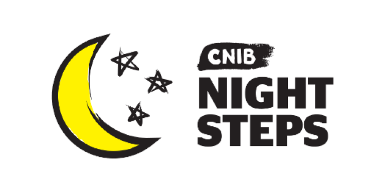 CNIB Night Steps logo. An illustration of a half moon with stars. Text "CNIB Night Steps"