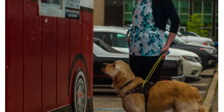 Larissa stands in front of a food truck with Piper - a Golden Retriever Guide Dog in a yellow harness