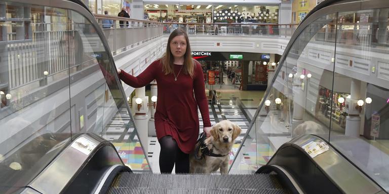 A woman rides up an escalator with her guide dog.