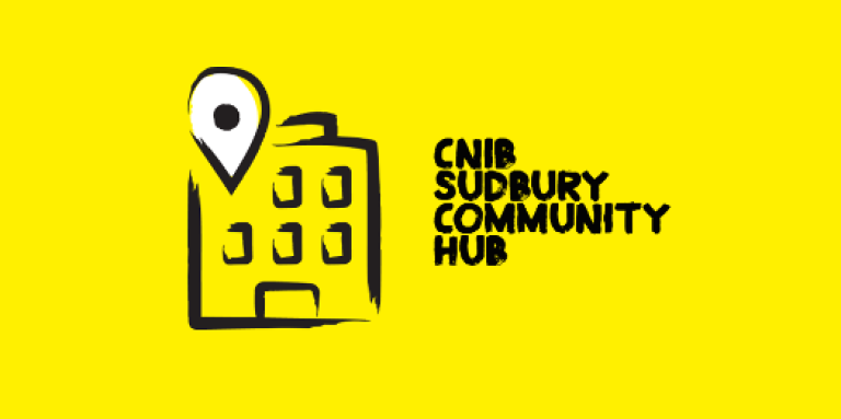 An illustration of an exterior building outlined in thick, black, paint style. Text "CNIB Sudbury Community Hub."