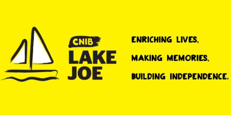 A yellow wallpaper featuring an illustration of a sailboat outlined in a black paintbrush style design. A dash of white paint appears on the boat sail. Text: CNIB Lake Joe. Enriching lives, making memories, building independence. 