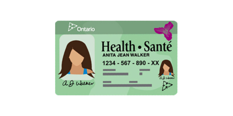 A cartoon illustration of the green/white Ontario Health Card. 