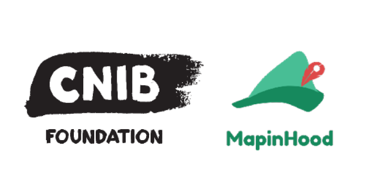 On the left, the CNIB Foundation brushstroke logo. On the left, the MapinHood Logo: a small green hat with a red pin in the shape of a feather.