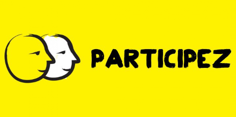Une bannière jaune illustrant deux visages dessinés au pinceau noir épais. Texte : Participez