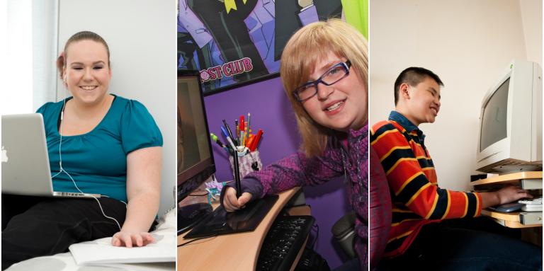 Collage of three images of young people with sight loss using computers at home