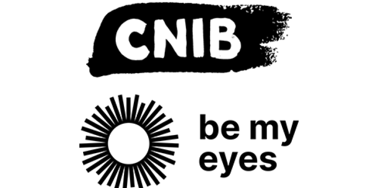 The CNIB brush stroke logo beside the Be My Eyes logo