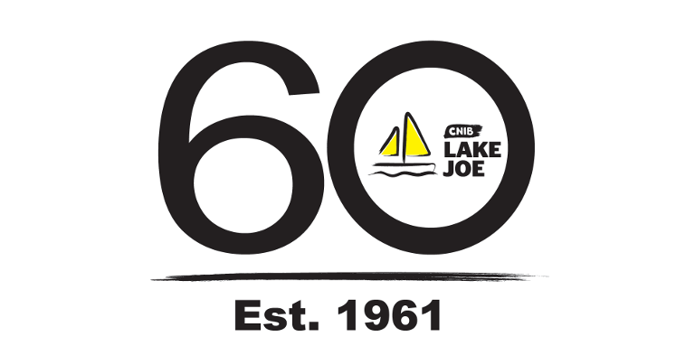 CNIB Lake Joe 60 logo. A large "6" and "0" with the CNIB Lake Joe sailboat logo inside the "0". Text: Est 1961