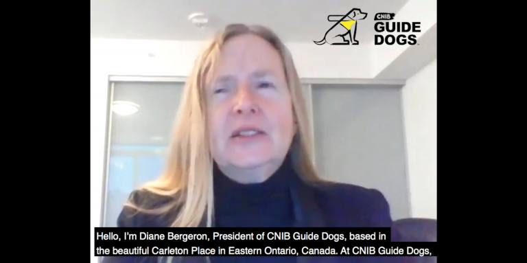 A thumbnail for the Meet the President video, which shows Diane Bergeron, President of CNIB Guide Dogs, giving a message to the viewer.