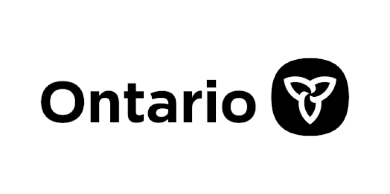 Government of Ontario logo. Black text on a white background with a black illustration of a Trillium flower enclosed in a circle.