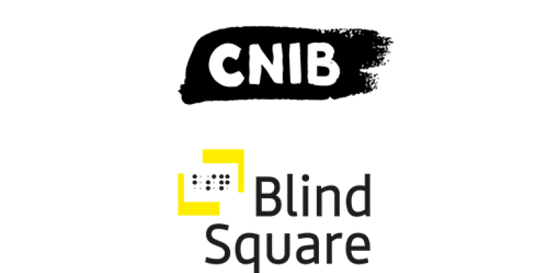 The CNIB logo on the top and the BlindSquare logo on the bottom