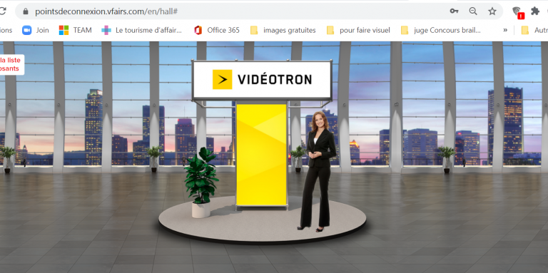 A lady avatar in front of Videotron virtual booth.