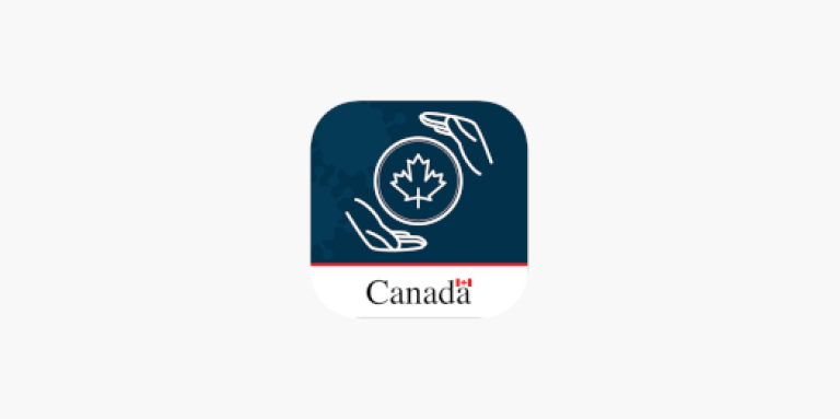 ArriveCAN app icon. A square illustration of hands holding a maple leaf, enclosed in a circle. Government of Canada icon.