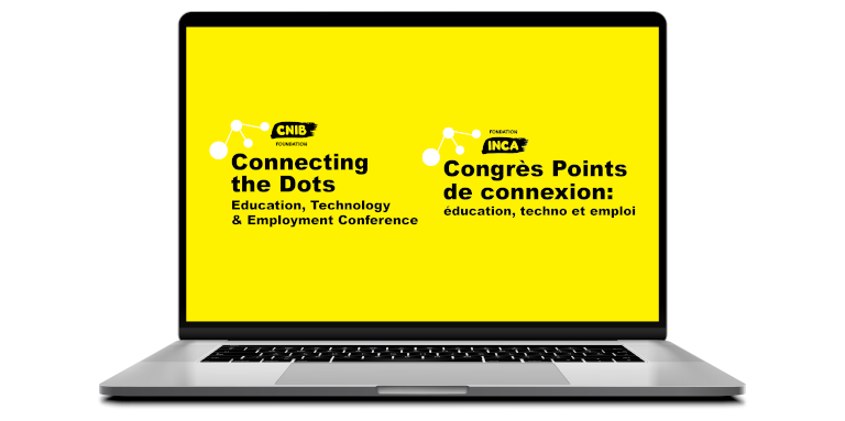 A laptop computer. Displayed on the screen is the bilingual Connecting the Dots logo.