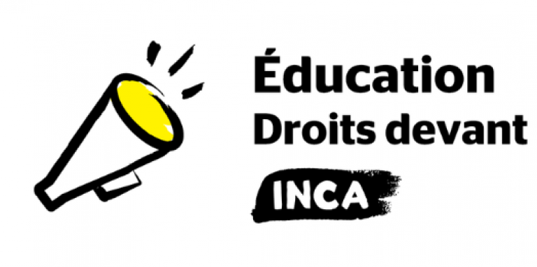 Une image d'un mégaphone. Texte : "Éducation Droits devant! INCA"