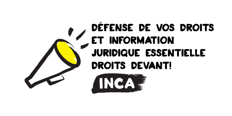 Une image d'un mégaphone. Texte : "Défense de vos droits et information juridique essentielle Droits devant! INCA"