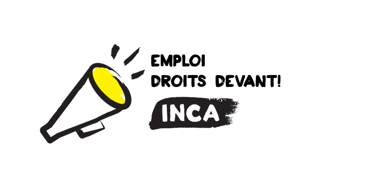 Une image d'un mégaphone. Texte : "Emploi Droits devant! INCA"