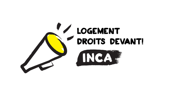 Une image d'un mégaphone. Texte : "Logement Droits devant! INCA"
