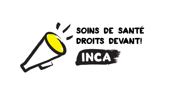 Icône d'un porte-voix. Texte : "Soins de santé Droits devant! INCA"