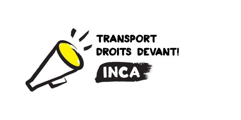 Une image d'un mégaphone. Texte : "Transport Droits devant! INCA"