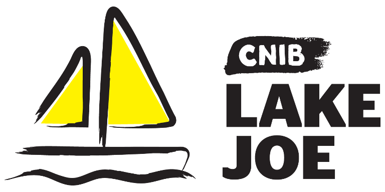 An illustration of a sailboat outlined in a black paintbrush style design. A dash of yellow paint appears on the boat sail. Text: CNIB Lake Joe.
