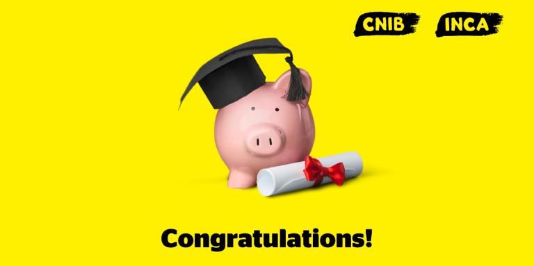 [Image description: An illustration of a pink piggy bank, wearing a black graduation cap, on a yellow background. A diploma sits at the foot of the piggy bank. Text: Congratulations!]