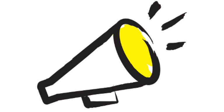 An illustration of a megaphone outlined in a black paintbrush style design with yellow accents.Illustration d'un porte-voix dont les contours sont dessinés au pinceau en noir avec des accents jaunes.