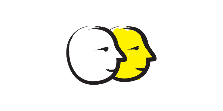 Une bannière jaune illustrant deux visages dessinés au pinceau noir épais.