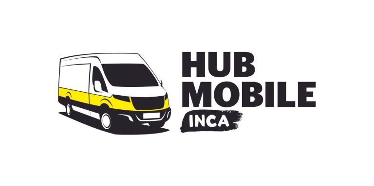 Logo du Hub mobile d'INCA. Icône d'une fourgonnette aux couleurs d’INCA. Texte : Hub mobile d'INCA.
