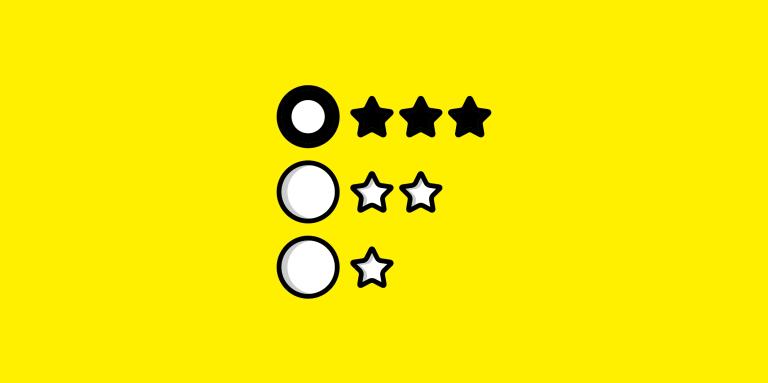 Un arrière-plan jaune avec une illustration superposée de trois dessins abstraits circulaires et d'étoiles, comme un système d'évaluation à trois paliers. La première ligne comporte un champ avec 3 étoiles, la deuxième ligne comporte 2 étoiles et la troisième ligne 1 étoile. 