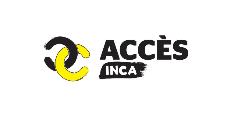 Logo d'Accès INCA Une représentation graphique qui simule deux lettres « c » reliées comme une chaîne. Un dessin en miroir, le « c » noir tourné vers l'arrière est relié à un « c » jaune tourné vers l'avant. Texte : Accès INCA.