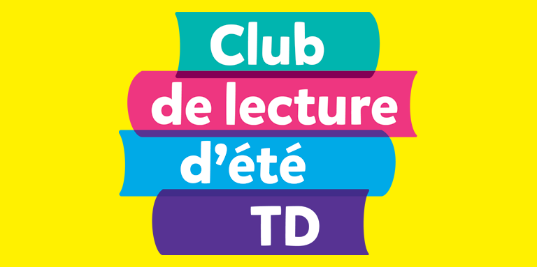 ULe logo du Club de lecture d'été TD. Le graphisme ressemble à une pile de livres multicolores. Texte : Club de lecture d'été TD