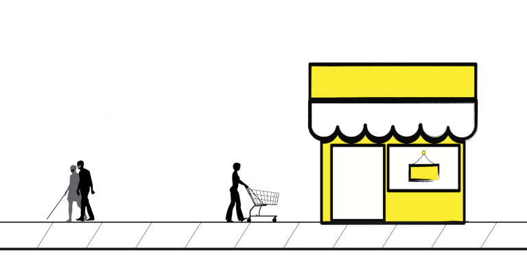 A graphic art illustration of three people walking down a city sidewalk. One icon has a white cane and is accompanied by a person who is providing sighted guide. To the right of them is an icon of a woman pushing a shopping cart. The woman is entering a storefront.